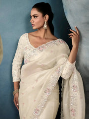 Glamorous Off-White Cut-Dana Embroidery Tissue Saree With Blouse