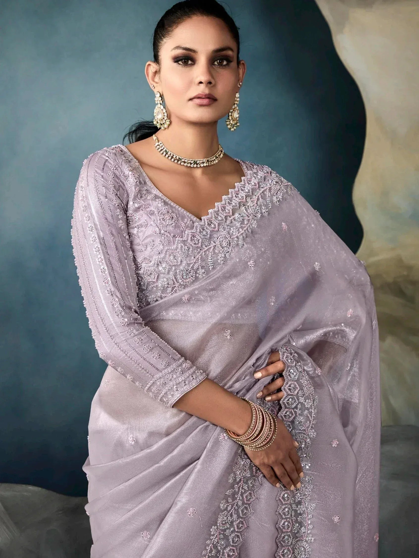Exquisite Lilac Cut-Dana Work Tissue Reception Wear Saree
