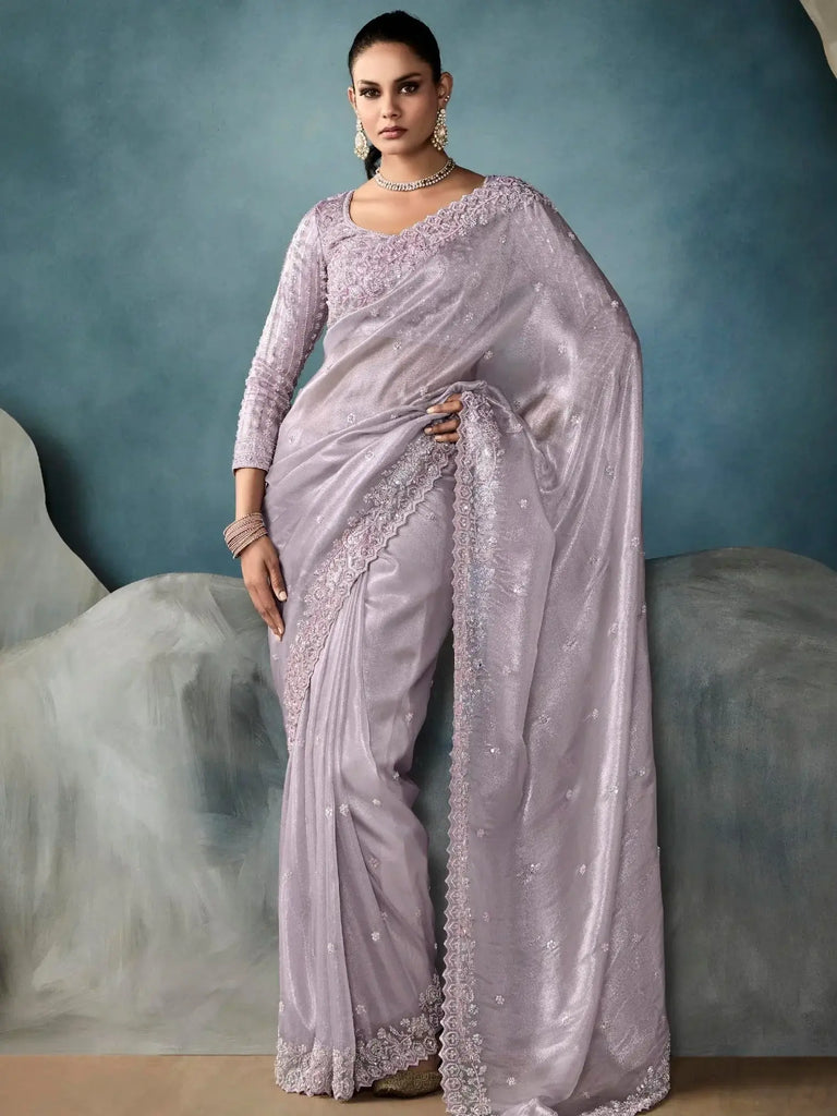 Exquisite Lilac Cut-Dana Work Tissue Reception Wear Saree