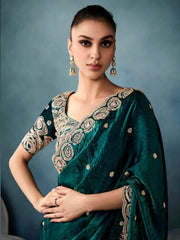 Pretty Teal Green Pearl Work Tissue Mehendi Wear Saree With Blouse