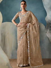 Enchanting Beige Hand Work Tissue Event Wear Saree With Blouse