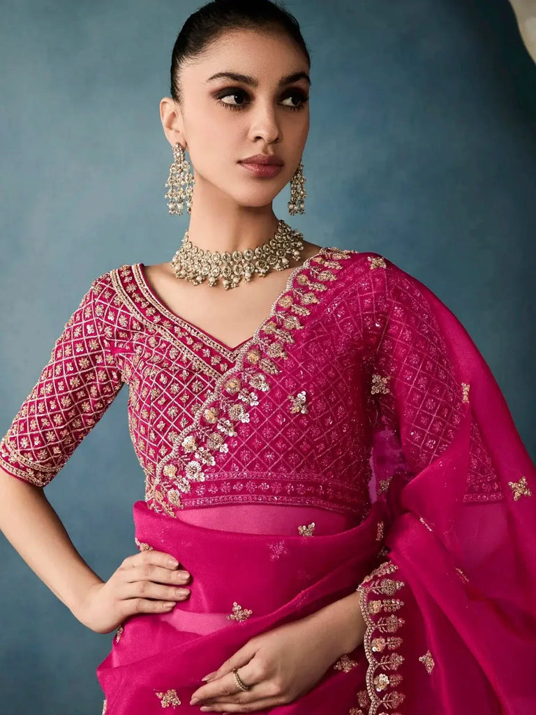 Prodigious Hot Pink Hand Work Tissue Engagement Wear Saree With Blouse