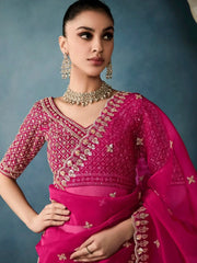 Prodigious Hot Pink Hand Work Tissue Engagement Wear Saree With Blouse