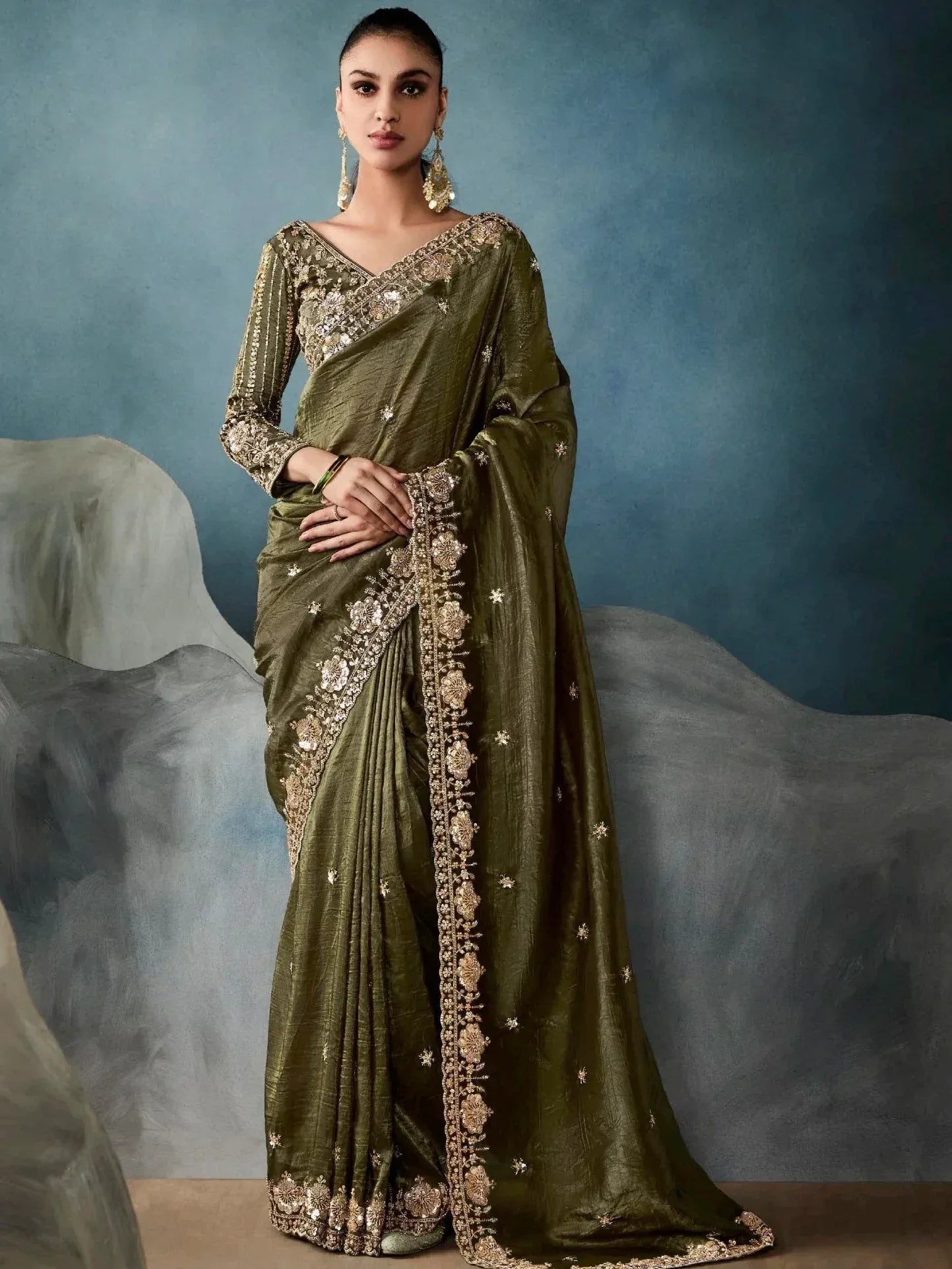 Gorgeous Mehendi Green Tissue Designer Saree With Heavy Work Blouse