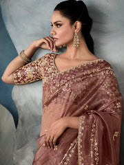 Attractive Rose Gold Sequins Work Tissue Bridesmaid Saree With Blouse