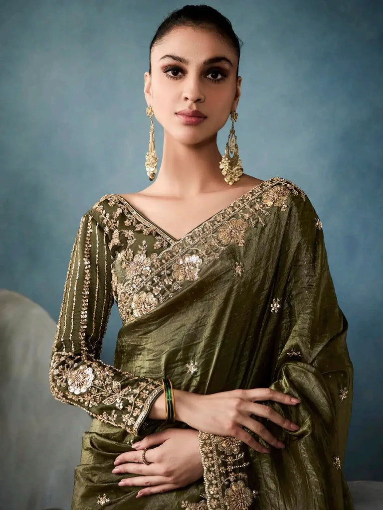 Gorgeous Mehendi Green Tissue Designer Saree With Heavy Work Blouse