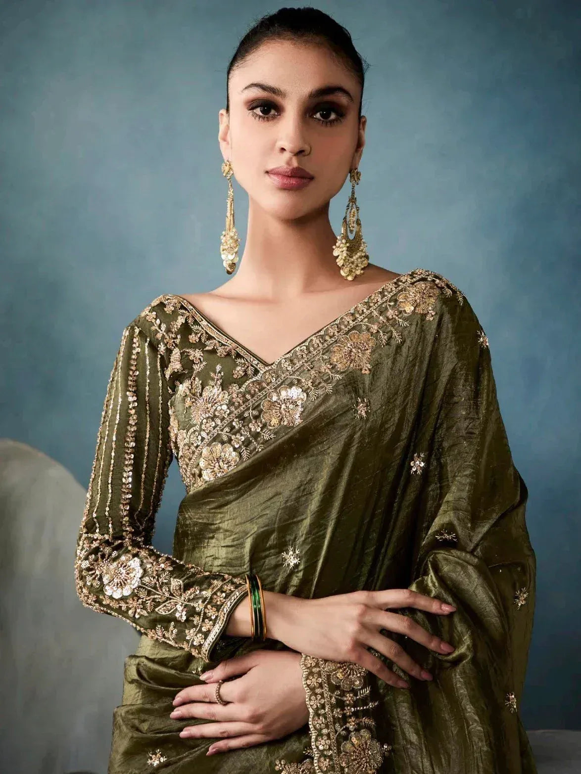 Gorgeous Mehendi Green Tissue Designer Saree With Heavy Work Blouse
