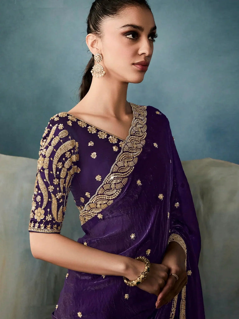 Elegant Purple Sequins Work Tissue Party Wear Saree With Blouse
