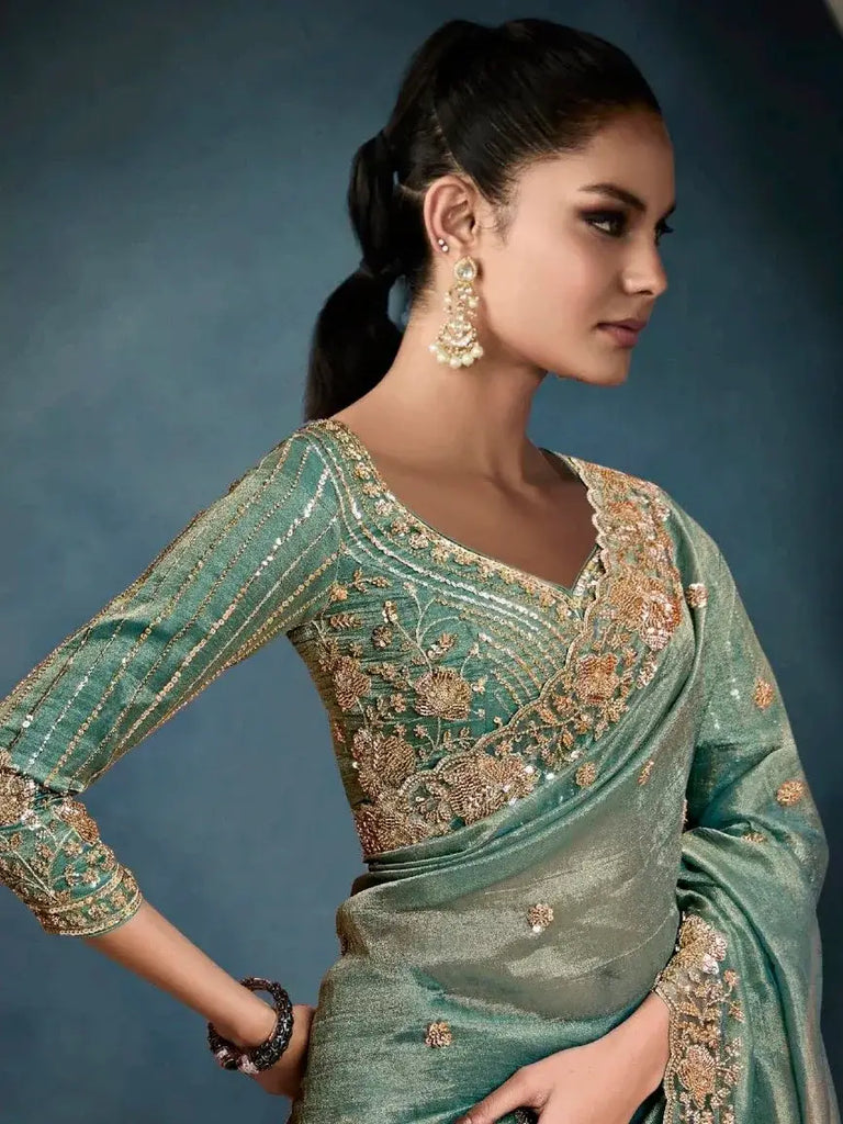 Excellent Olive Green Pearl Work Tissue Designer Saree With Blouse