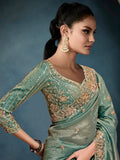 Excellent Olive Green Pearl Work Tissue Designer Saree With Blouse