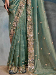 Excellent Olive Green Pearl Work Tissue Designer Saree With Blouse