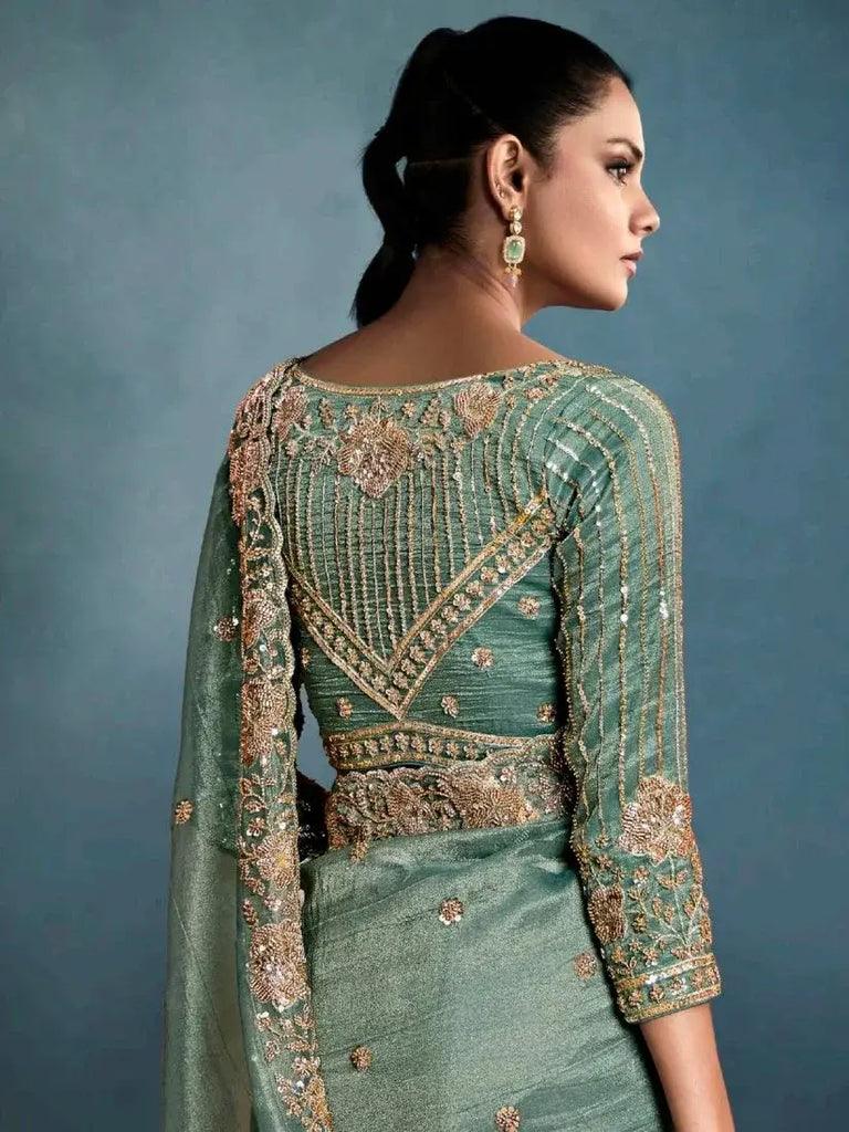 Excellent Olive Green Pearl Work Tissue Designer Saree With Blouse