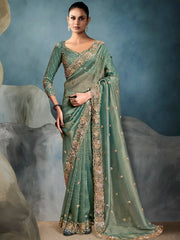 Excellent Olive Green Pearl Work Tissue Designer Saree With Blouse