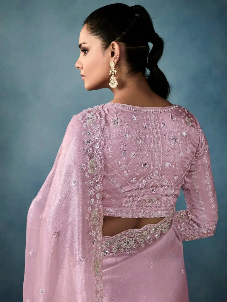 Lovely Mauve Hand Embroidery Tissue Wedding Wear Saree With Blouse