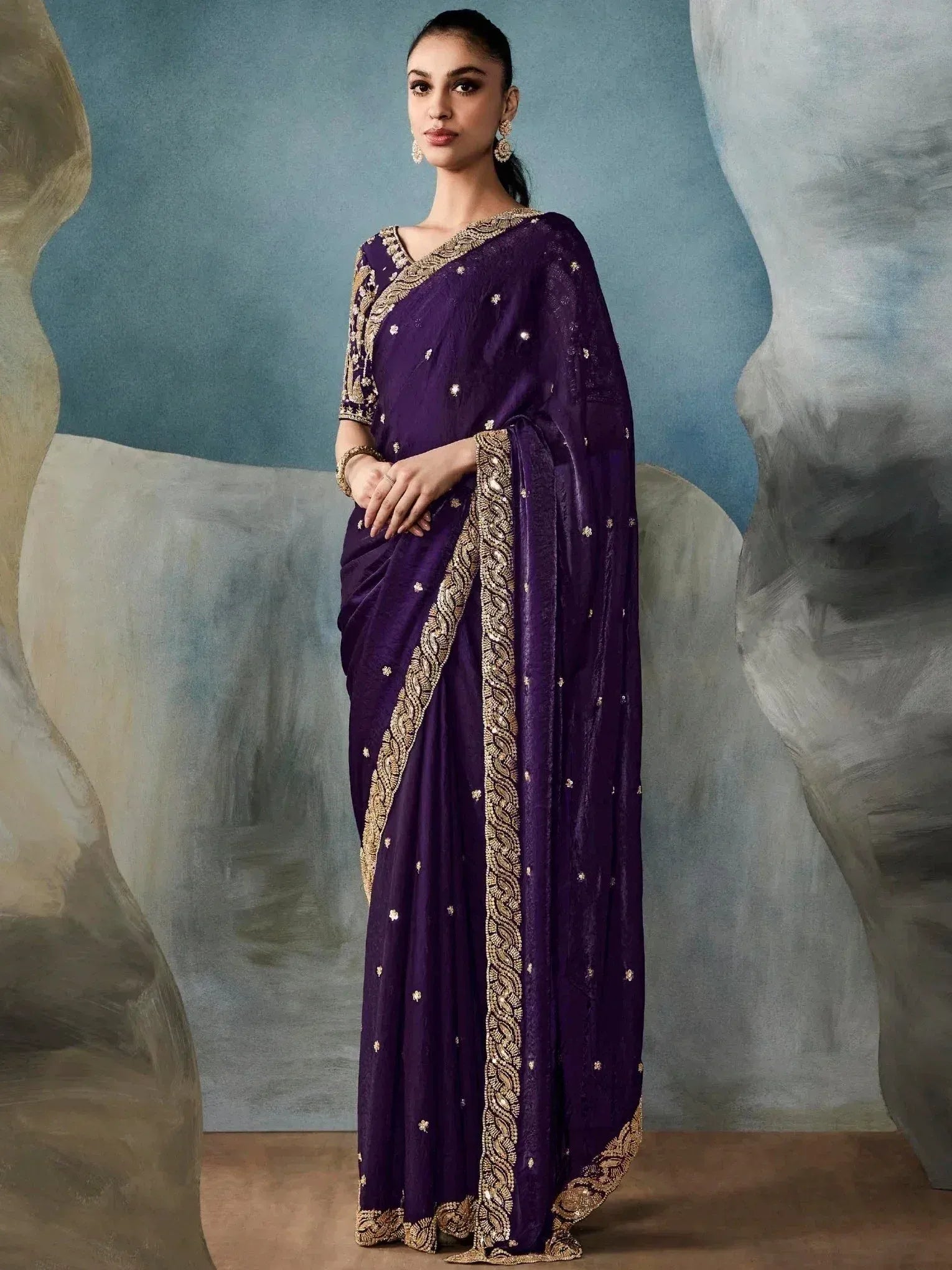 Elegant Purple Sequins Work Tissue Party Wear Saree With Blouse