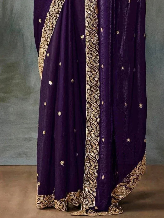 Purple designer saree with gold embroidery and sequin detailing, ethnic wear for women