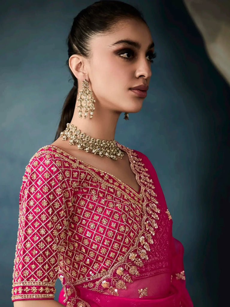 Prodigious Hot Pink Hand Work Tissue Engagement Wear Saree With Blouse