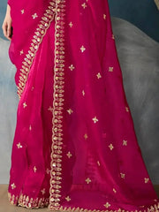 Prodigious Hot Pink Hand Work Tissue Engagement Wear Saree With Blouse