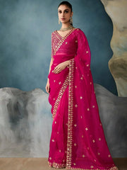 Prodigious Hot Pink Hand Work Tissue Engagement Wear Saree With Blouse