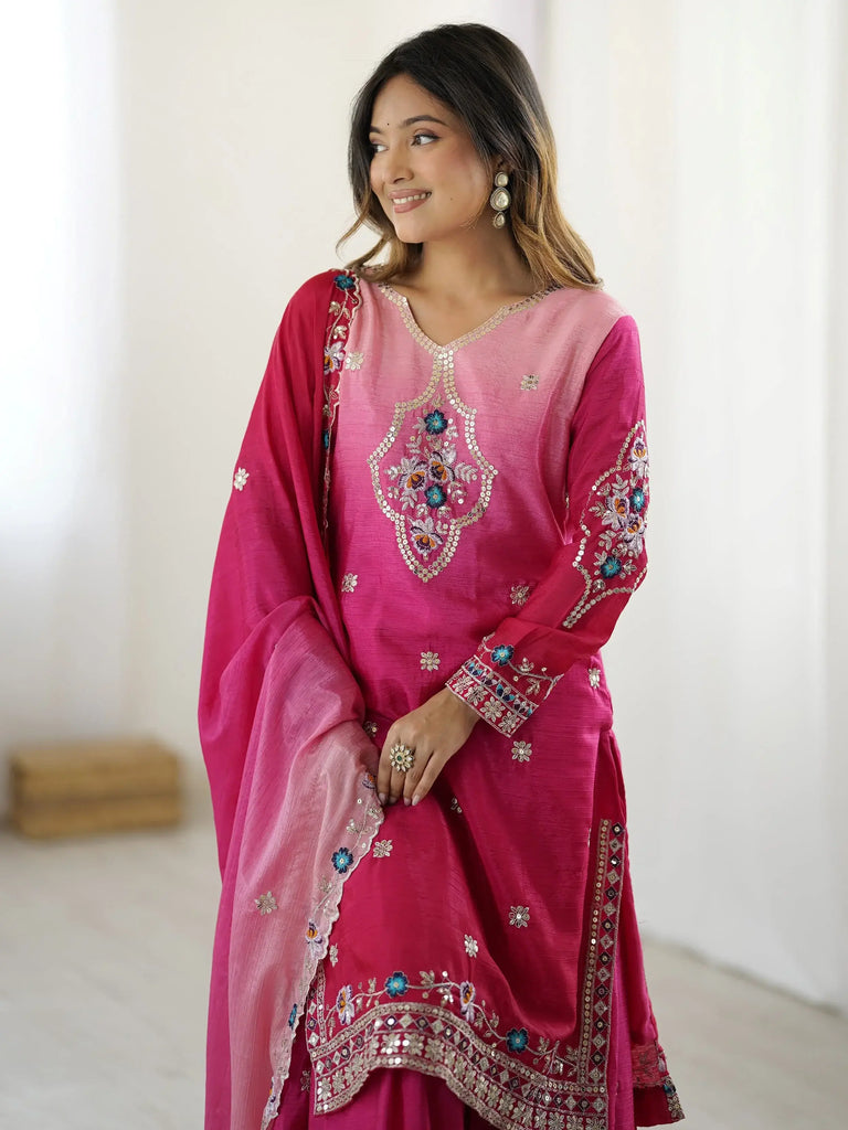Beautiful Pink Chinon Sequins Embroidered Ombre Sharara Suit