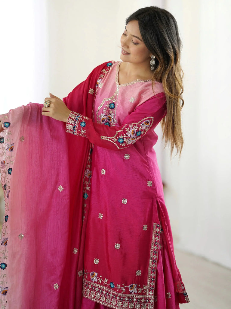 Beautiful Pink Chinon Sequins Embroidered Ombre Sharara Suit