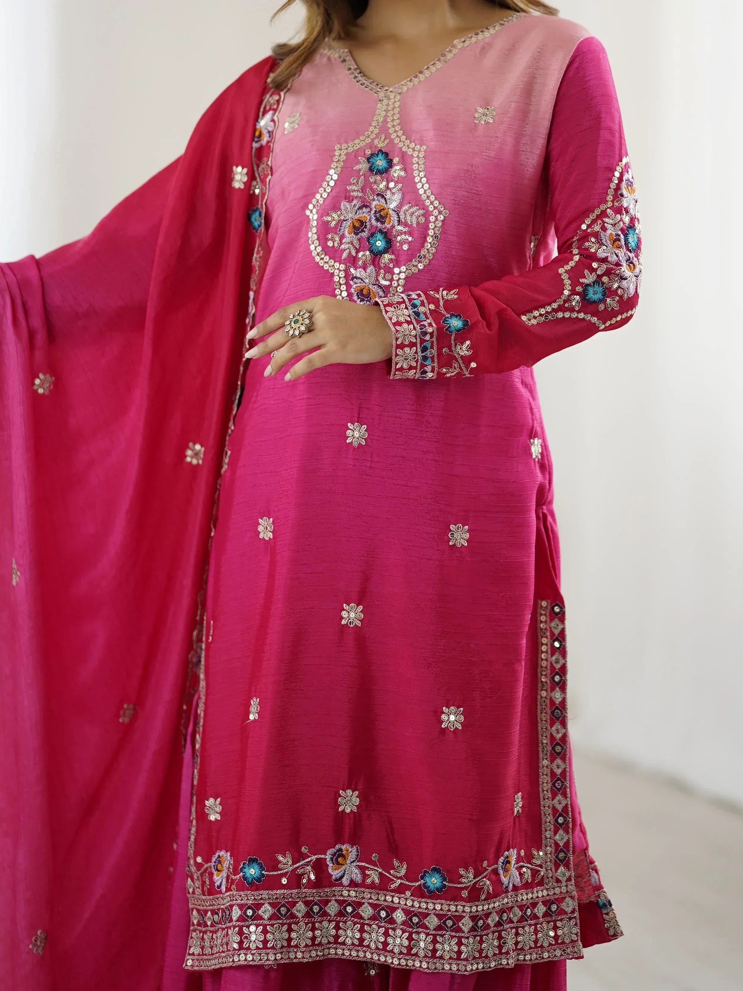 Pink embroidered salwar kameez with floral mirror work and matching dupatta, Indian ethnic wear