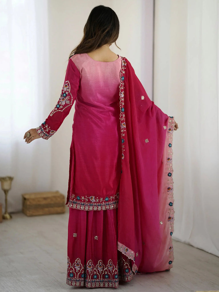 Beautiful Pink Chinon Sequins Embroidered Ombre Sharara Suit