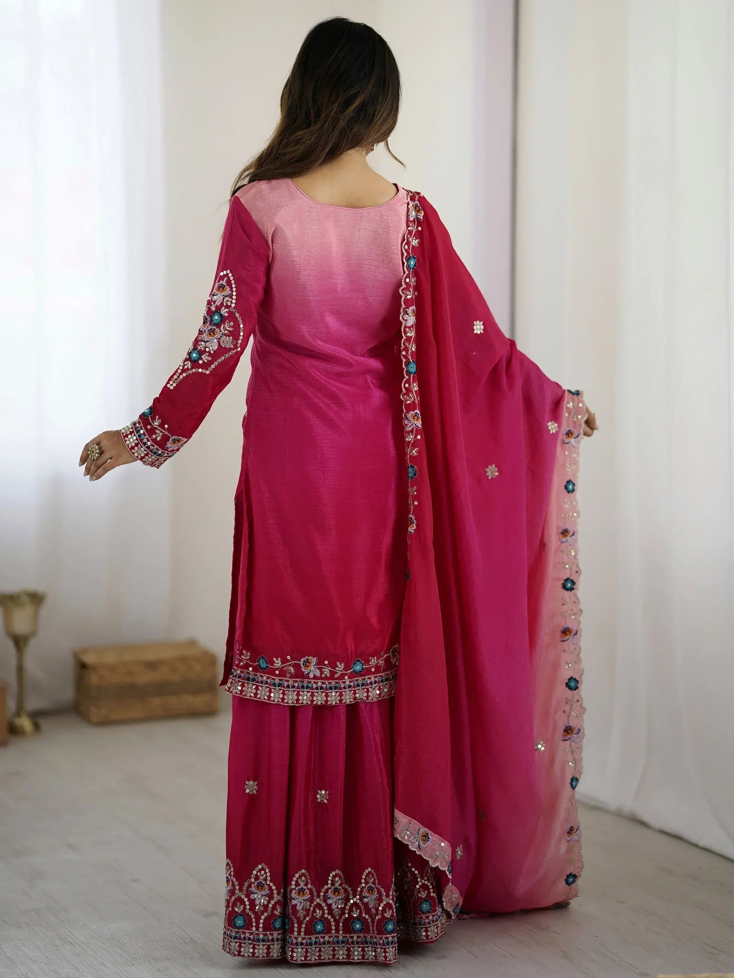 Pink embroidered salwar kameez with floral detailing and matching dupatta, Indian ethnic wear