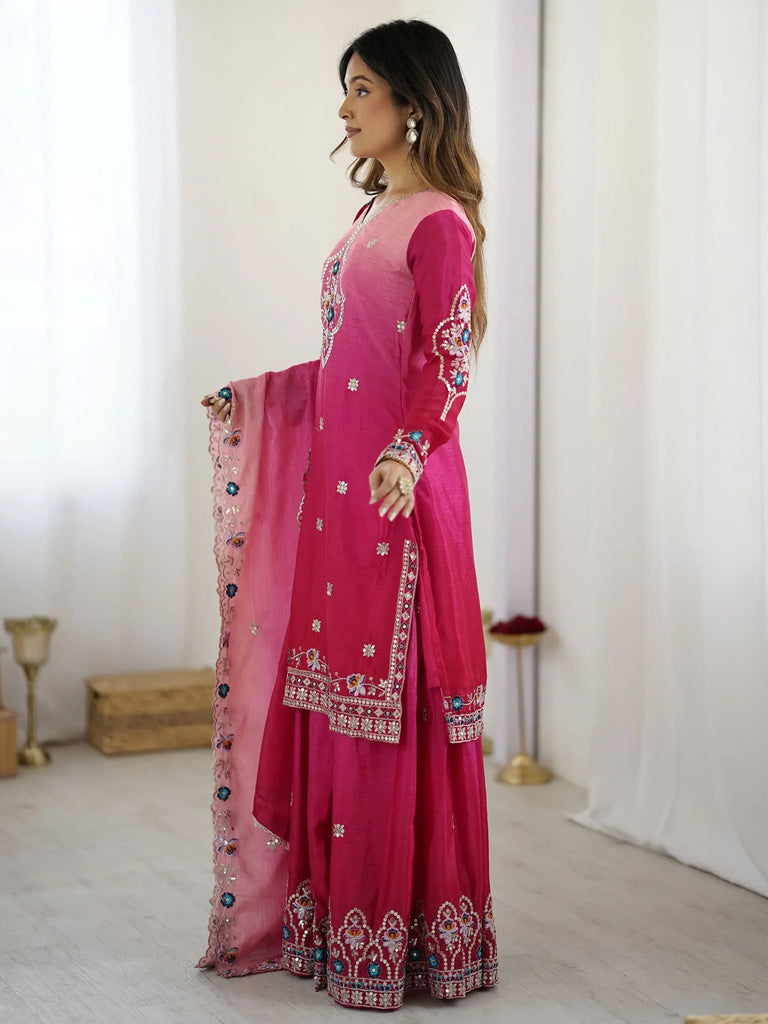 Beautiful Pink Chinon Sequins Embroidered Ombre Sharara Suit