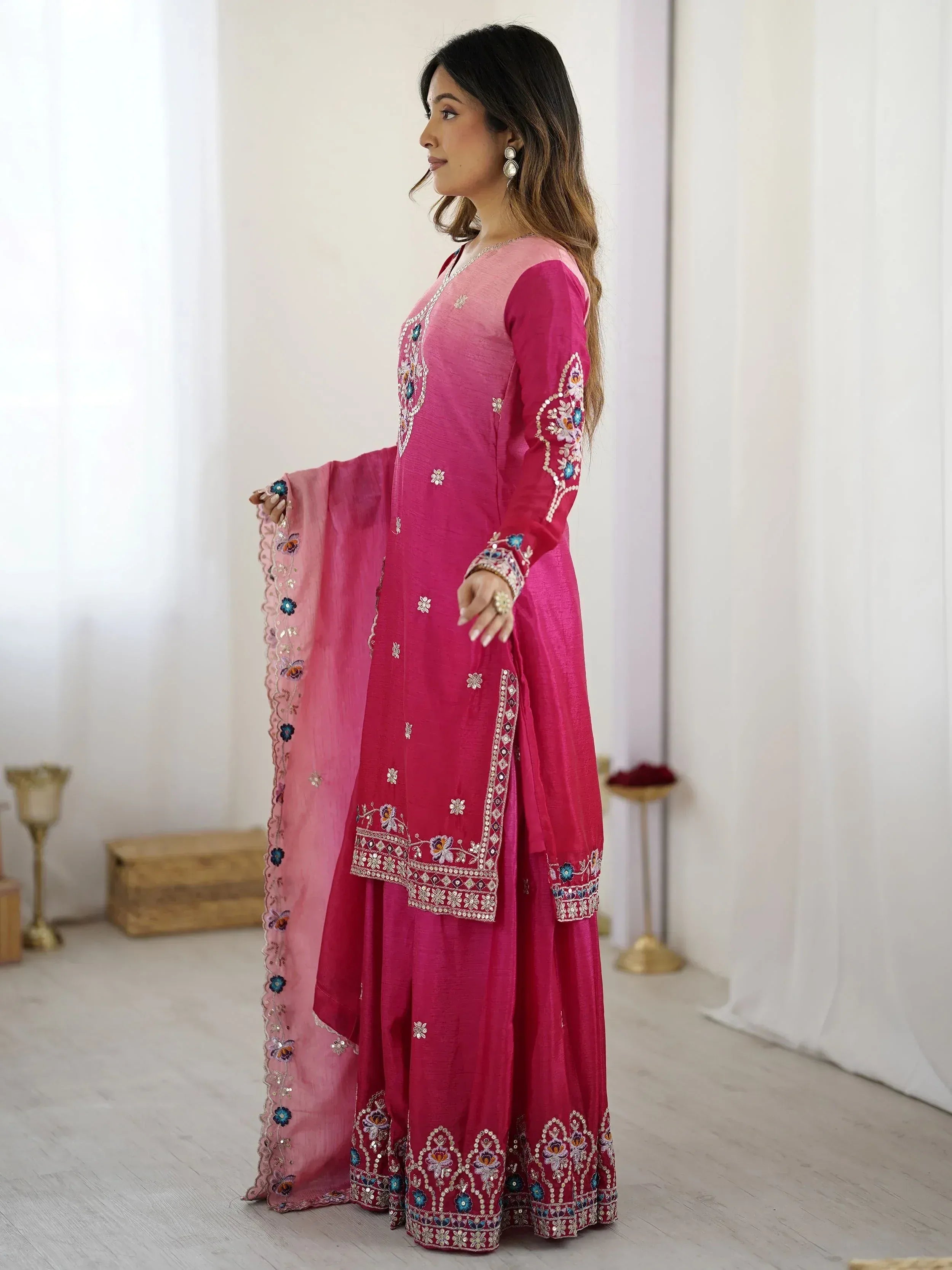 Pink embroidered salwar kameez with floral detailing and matching dupatta, Indian ethnic wear