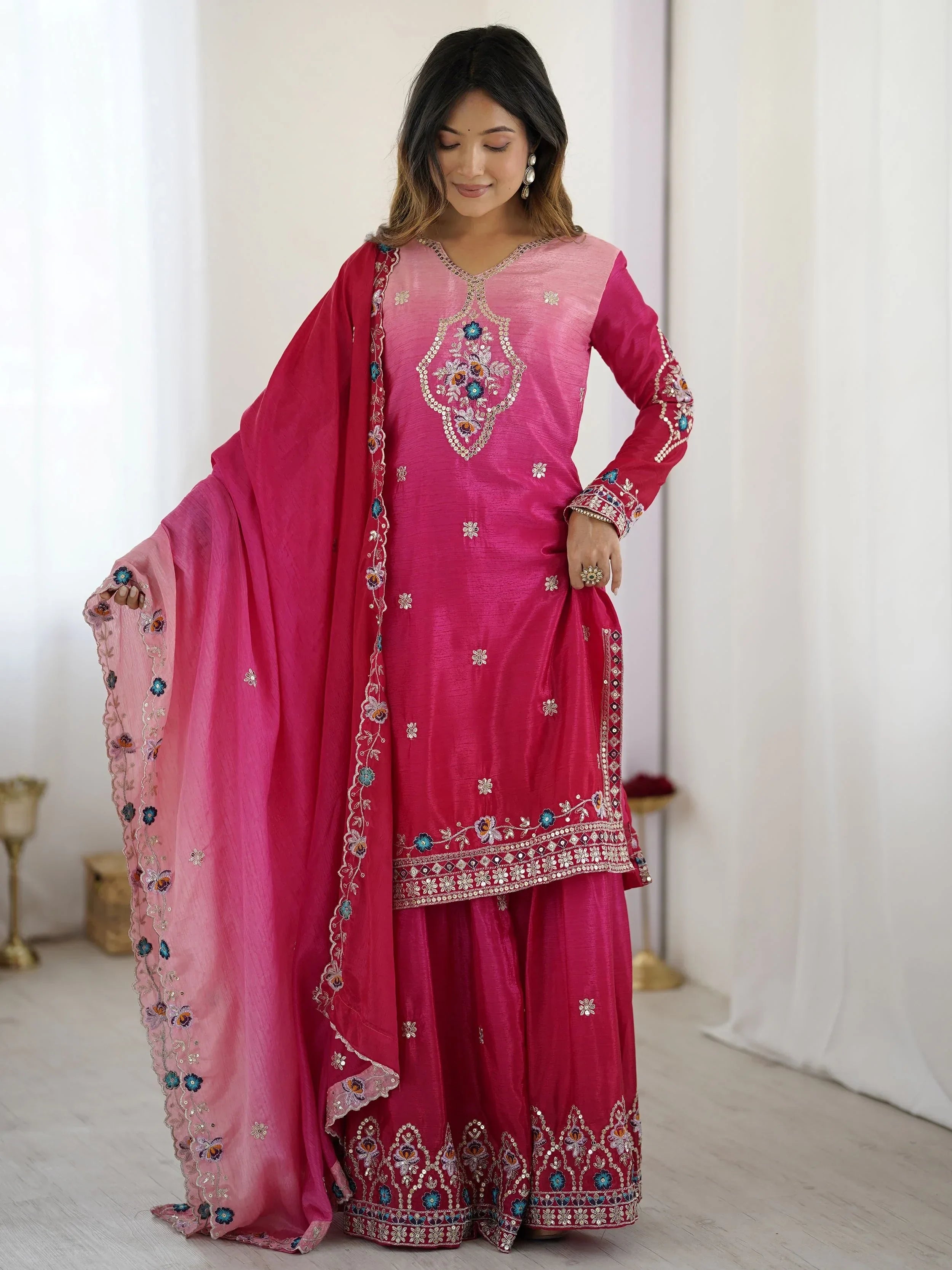 Beautiful Pink Chinon Sequins Embroidered Ombre Sharara Suit