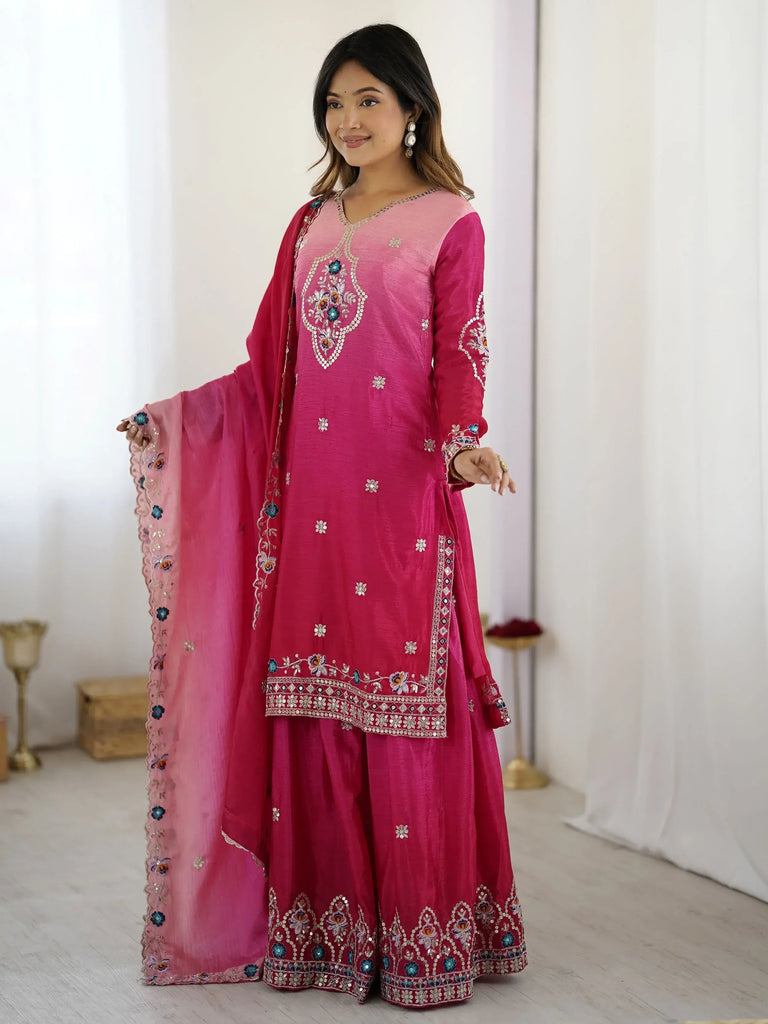 Beautiful Pink Chinon Sequins Embroidered Ombre Sharara Suit