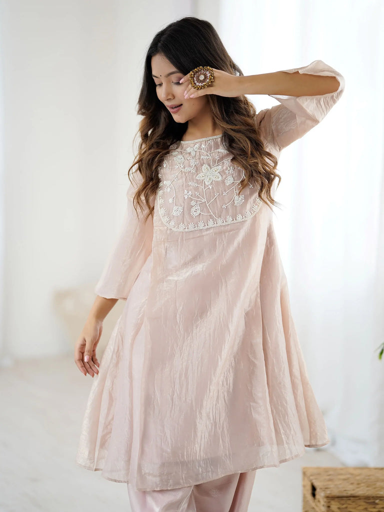 Sweet Peach Organza Embroidered Festive Kurti With Dhoti Pants