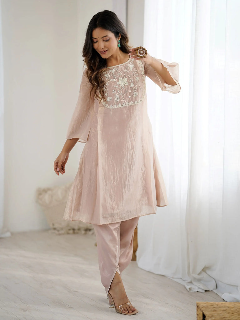 Sweet Peach Organza Embroidered Festive Kurti With Dhoti Pants