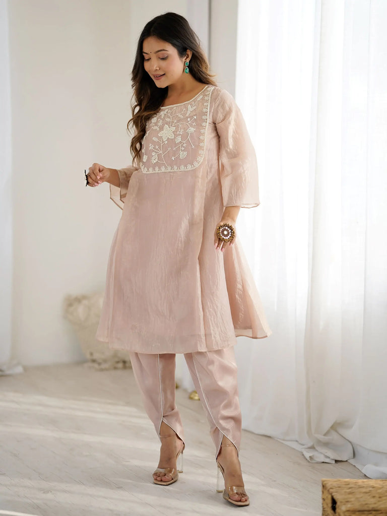 Sweet Peach Organza Embroidered Festive Kurti With Dhoti Pants