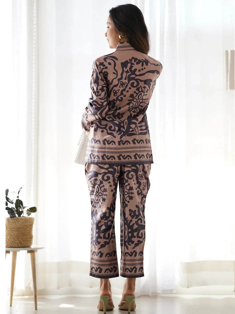 Mesmerizing Brown Digital Printed Satin Event Wear Co-Ord Set