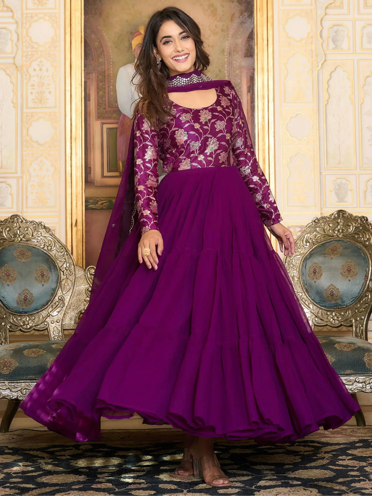 Beautiful Purple Color Georgette Event Wear Gown With Dupatta