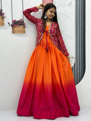 Exquisite Orange Color Chinon Function Wear Gown With Jacket