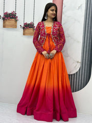 Exquisite Orange Color Chinon Function Wear Gown With Jacket