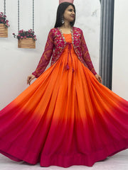 Exquisite Orange Color Chinon Function Wear Gown With Jacket