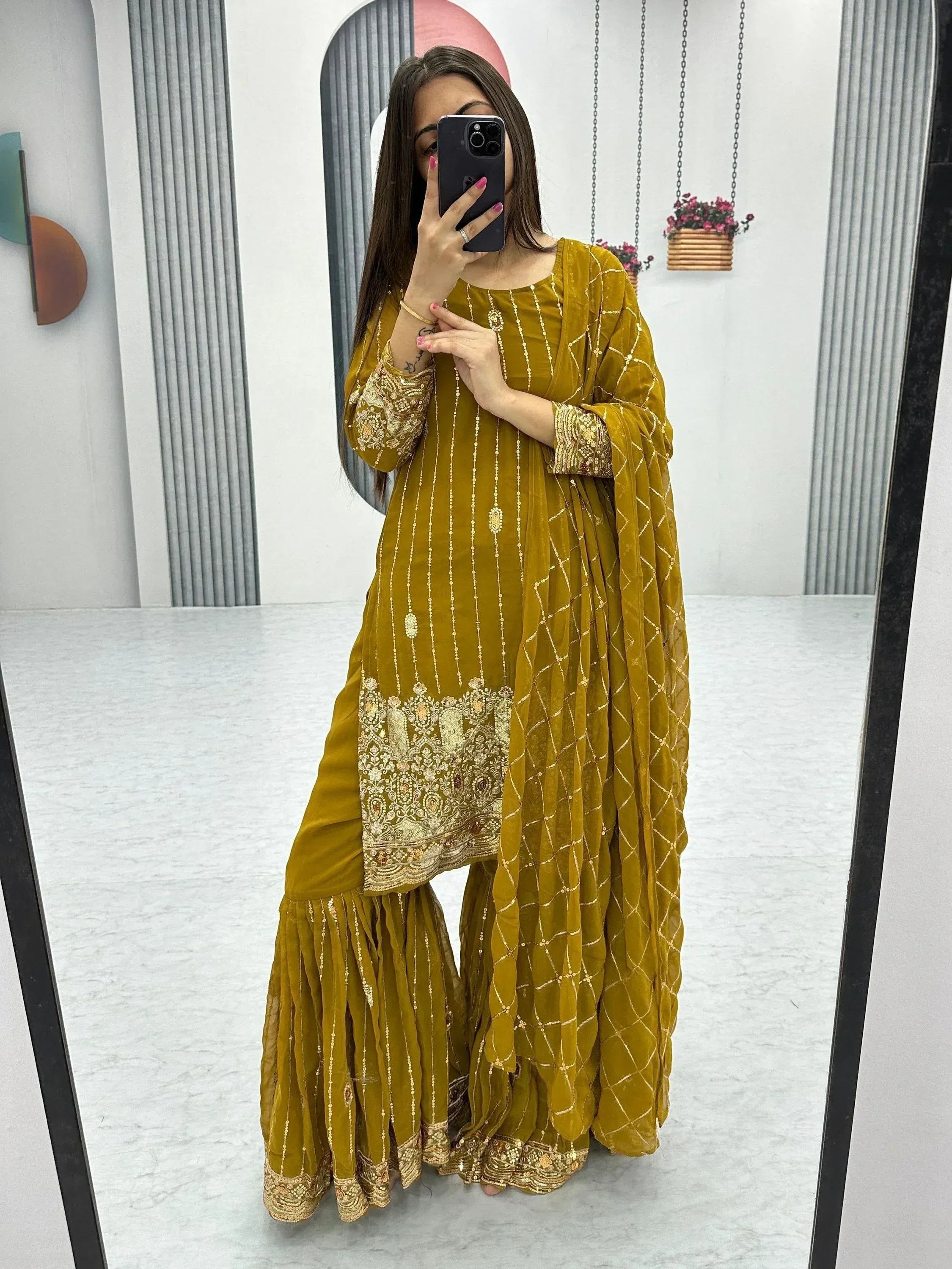 Mustard velvet salwar kameez with gold embroidery, perfect for Indian ethnic wear