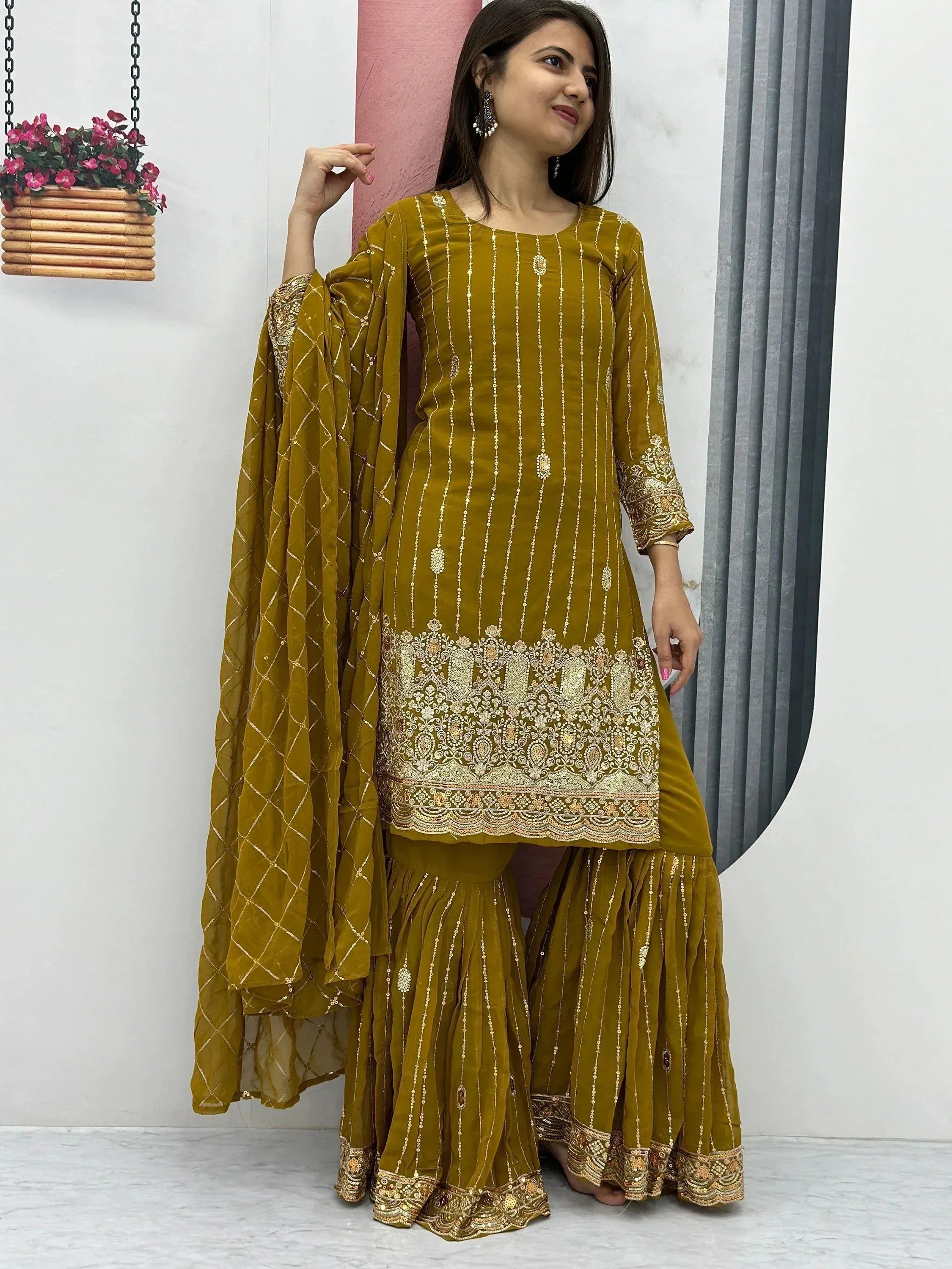 Mustard velvet sharara suit with gold embroidery, ethnic wear for women
