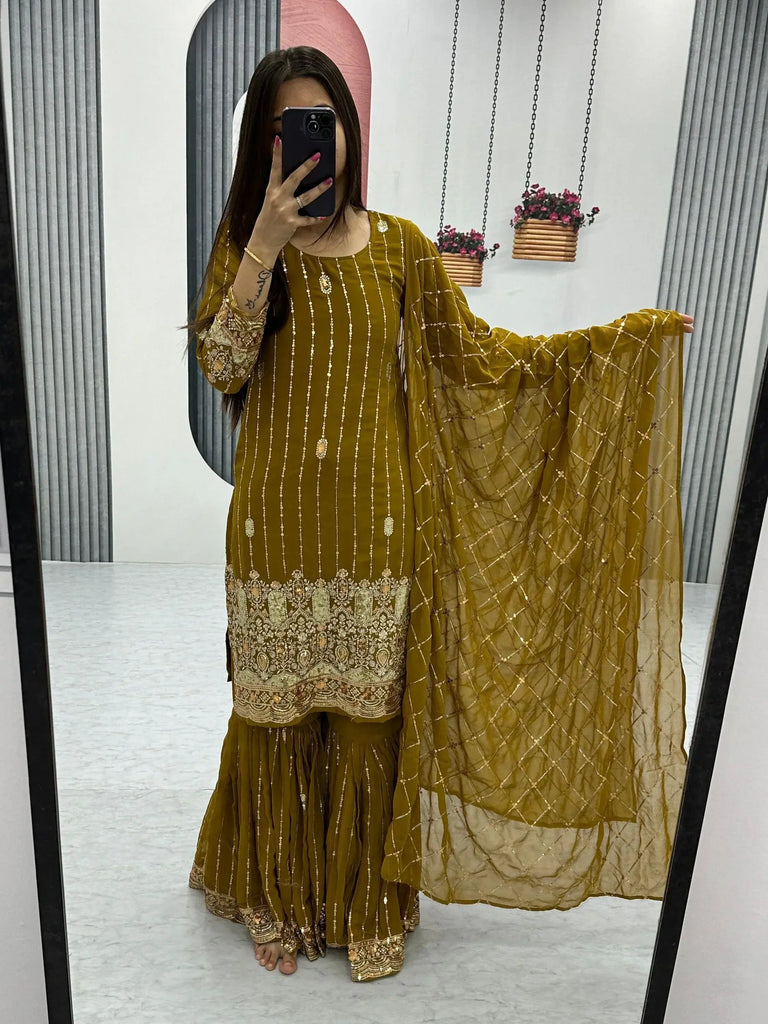 Attractive Olive Green Sequins Georgette Sharara Suit With Dupatta