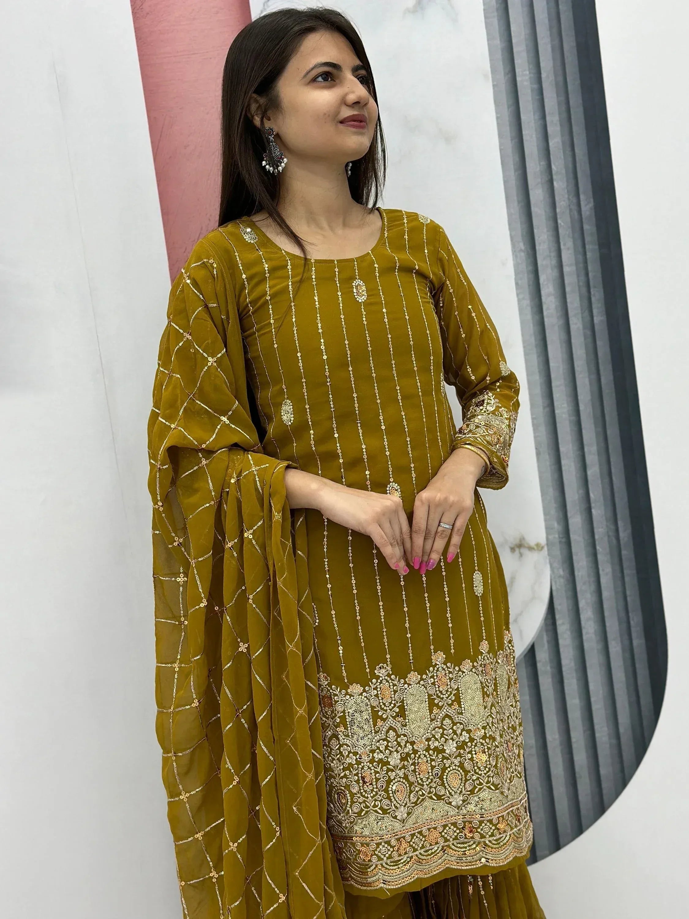 Mustard velvet salwar kameez with gold embroidery and matching dupatta, ethnic Indian wear