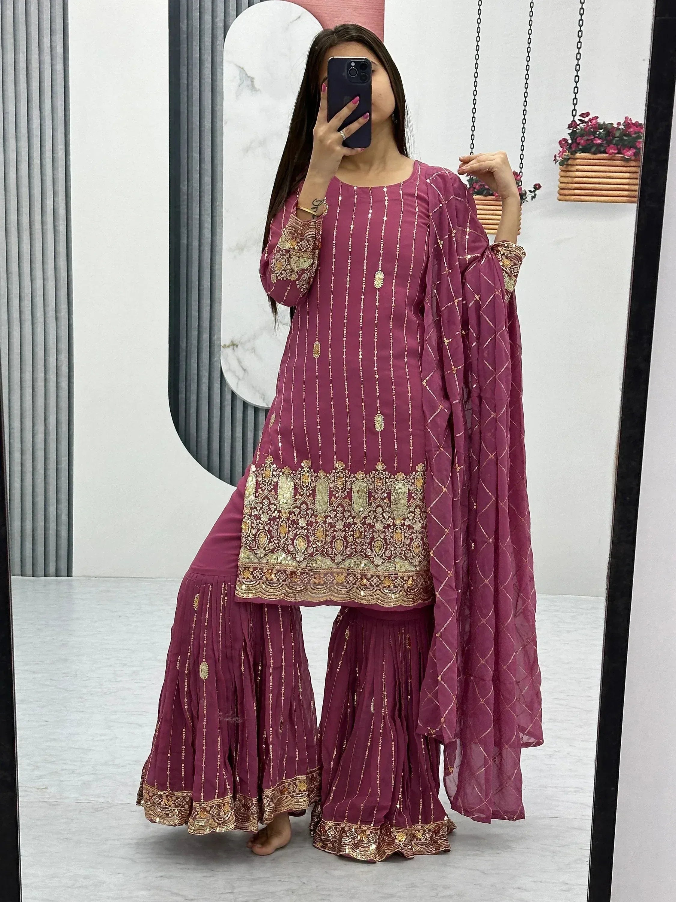 Purple embroidered salwar kameez with gold detailing, mirror selfie, ethnic wear