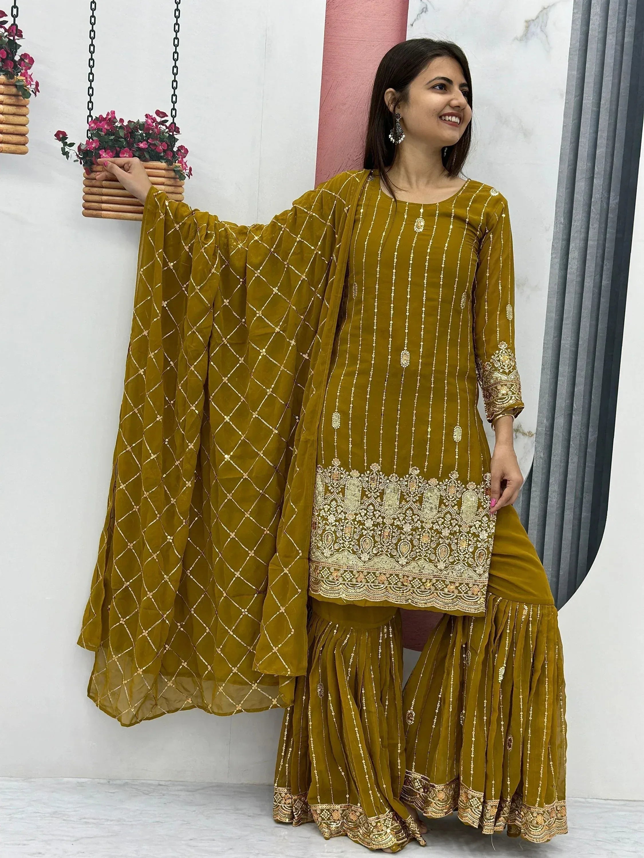 Mustard velvet salwar kameez with gold embroidery and dupatta, Indian ethnic wear