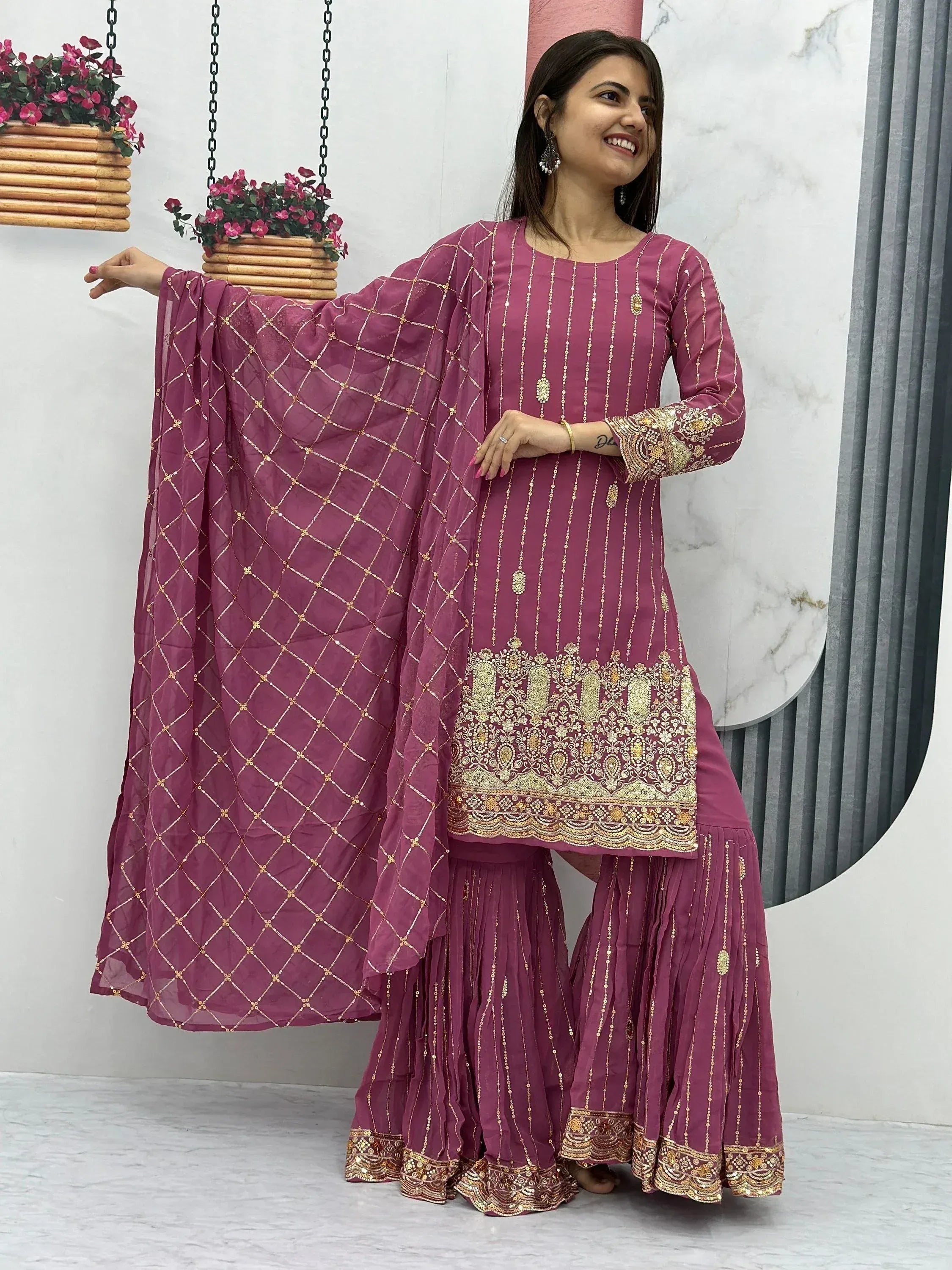Purple embroidered salwar kameez with gold detailing and matching dupatta, Indian ethnic wear