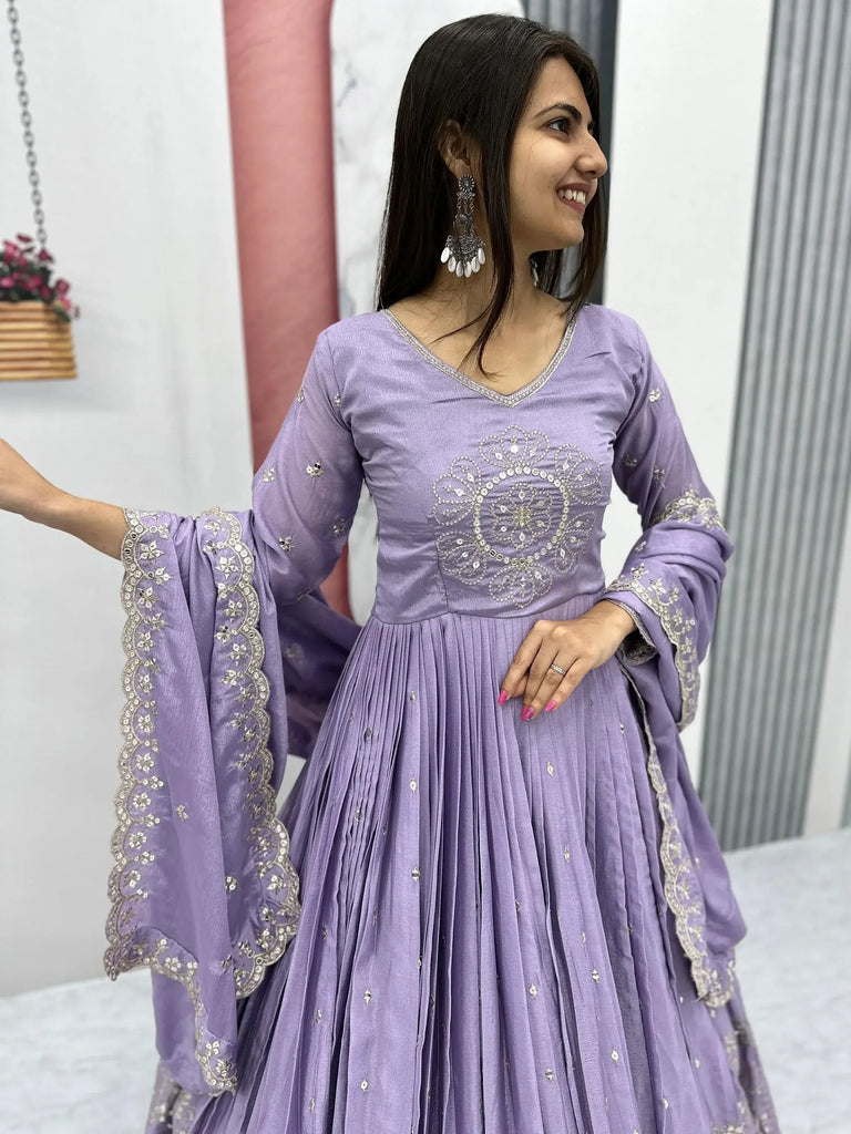 Dazzling Lavender Embroidered Chinon Engagement Wear Gown With Dupatta