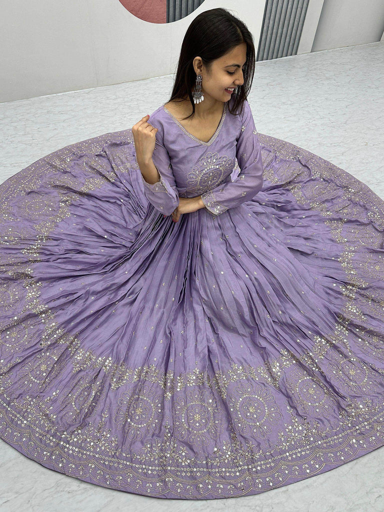 Dazzling Lavender Embroidered Chinon Engagement Wear Gown With Dupatta