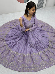 Dazzling Lavender Embroidered Chinon Engagement Wear Gown With Dupatta